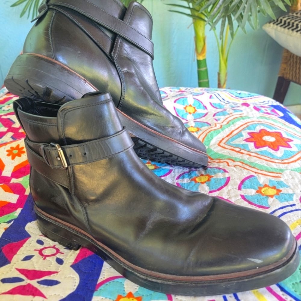 Mens black leather Coach ankle boot with buckle